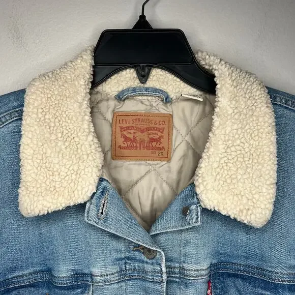 Levi's Denim Trucker Jacket Women's 2X Plus Size Sherpa Quilted Lined Blue Jean - Picture 2 of 10